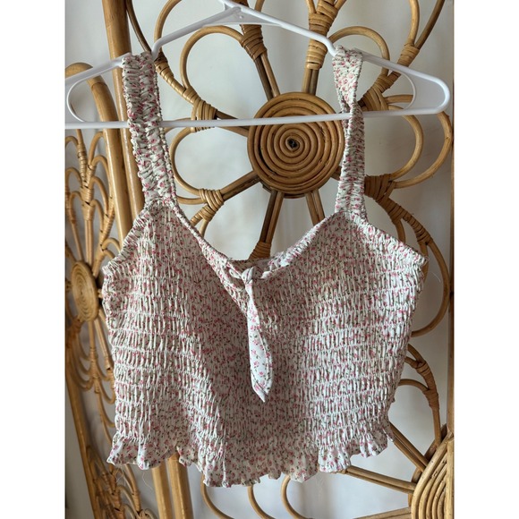 Sienna Sky Tops - Sienna Sky Womens Large Floral Smocked Crop Top Pink White Cottagecore Tie Front